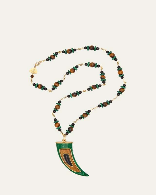 Yellow Gold Chain and Tooth Charm Pendant Necklace with Resin Stones
